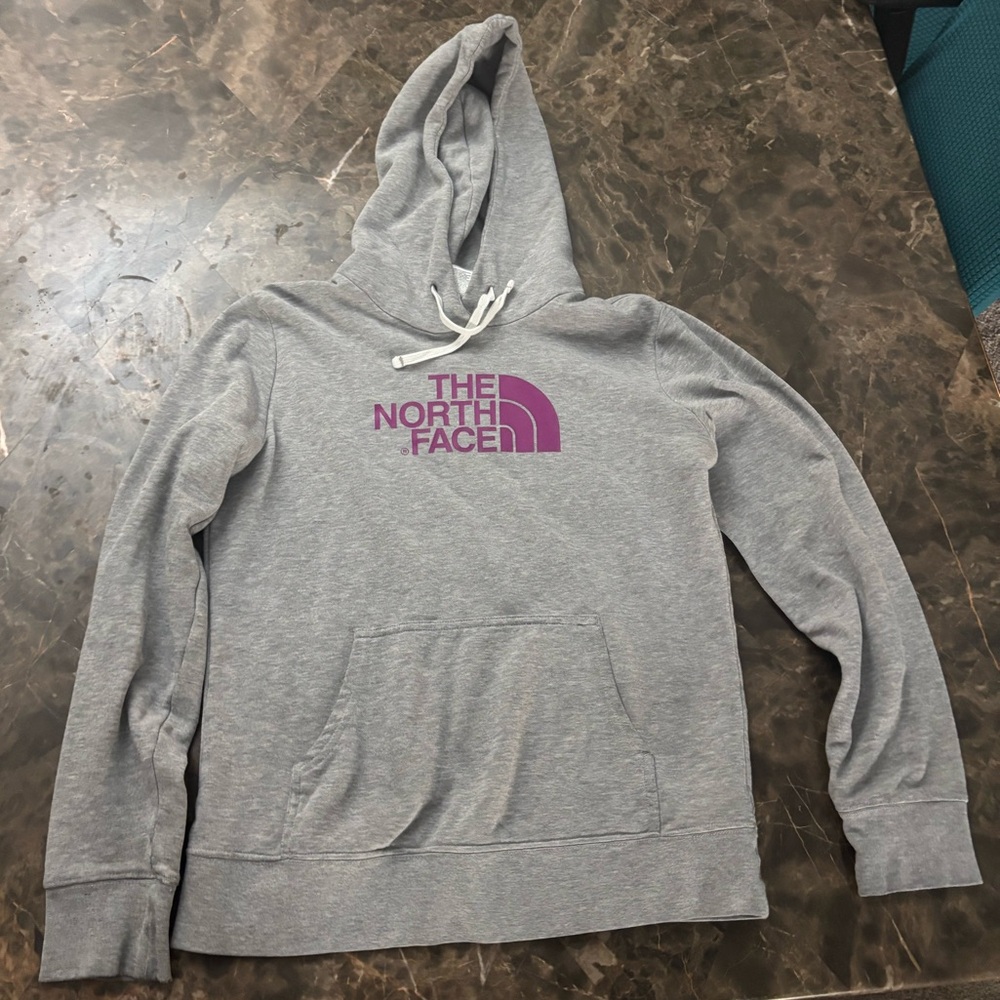 The North Face Heather Gray Hoodie with Magenta Logo